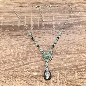 Signed NR Silver Tone Brown & Turquoise Color Beads Y Necklace w/Extender Chain